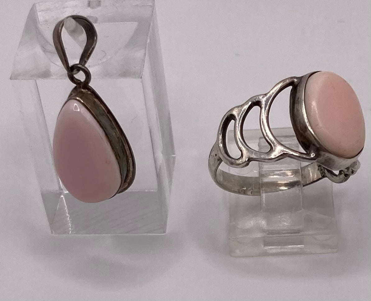 Sterling Silver 925 Pink Opal Ring and Matching Pendant Sz 8