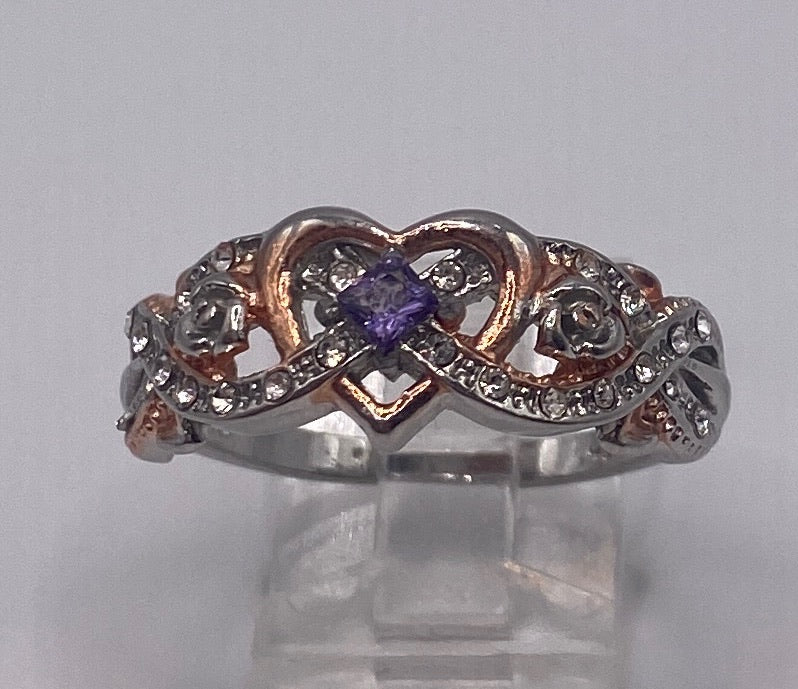 Sterling Silver 925 Rose Tone Flower CZ Amethyst Ring Sz 11