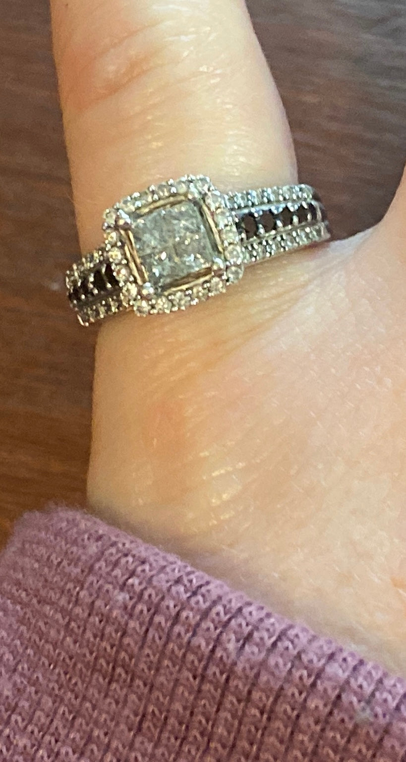 14k White Gold Princess Cut White Black Diamond Engagement Ring Sz 5.5
