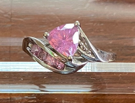 10k White Gold Trillion Cut Pink CZ Cocktail Ring Size 6.5 - Signed LGL
