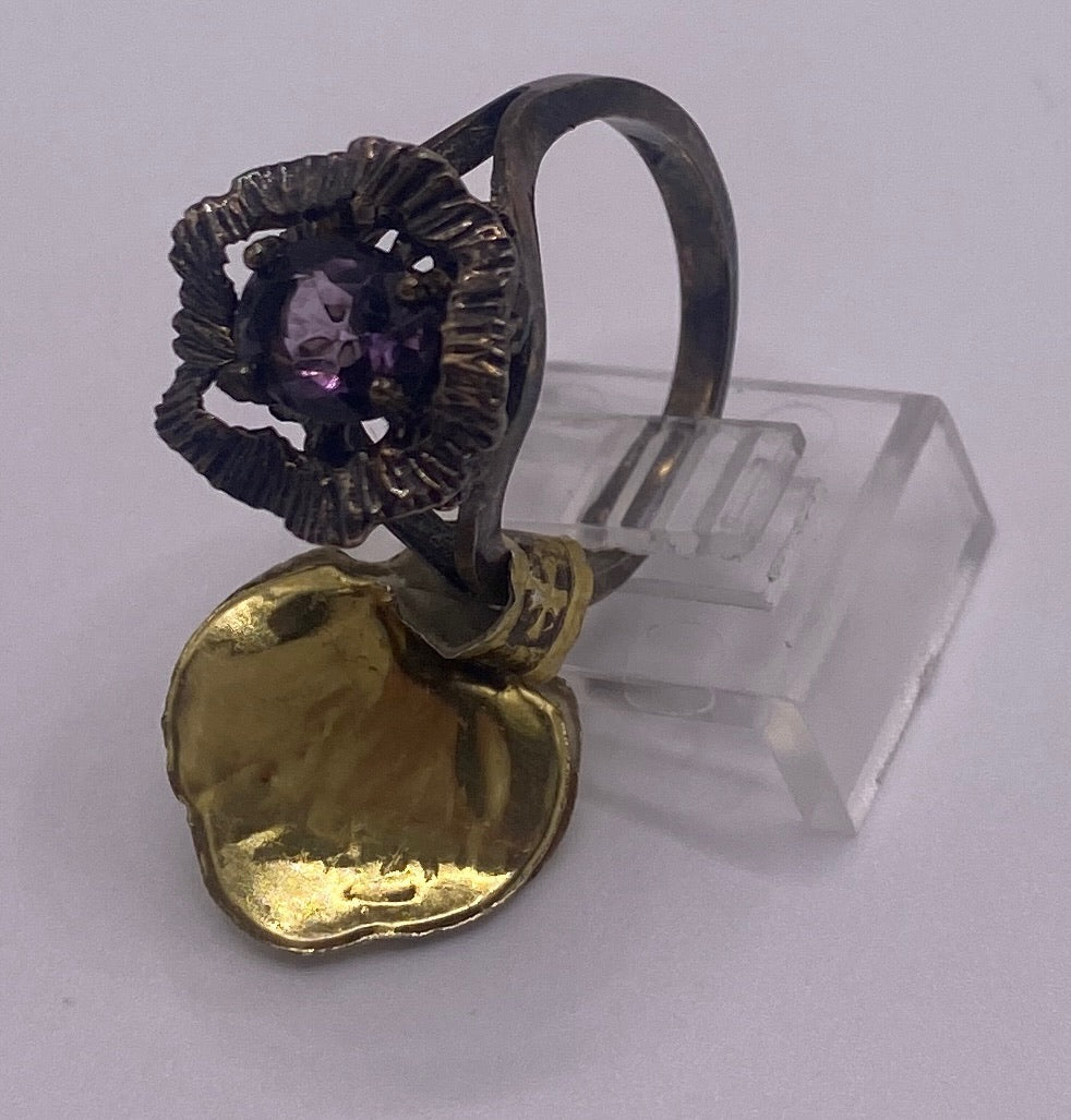 Vintage Sterling Silver Textured Flower Oval Amethyst Ring Sz 6.5