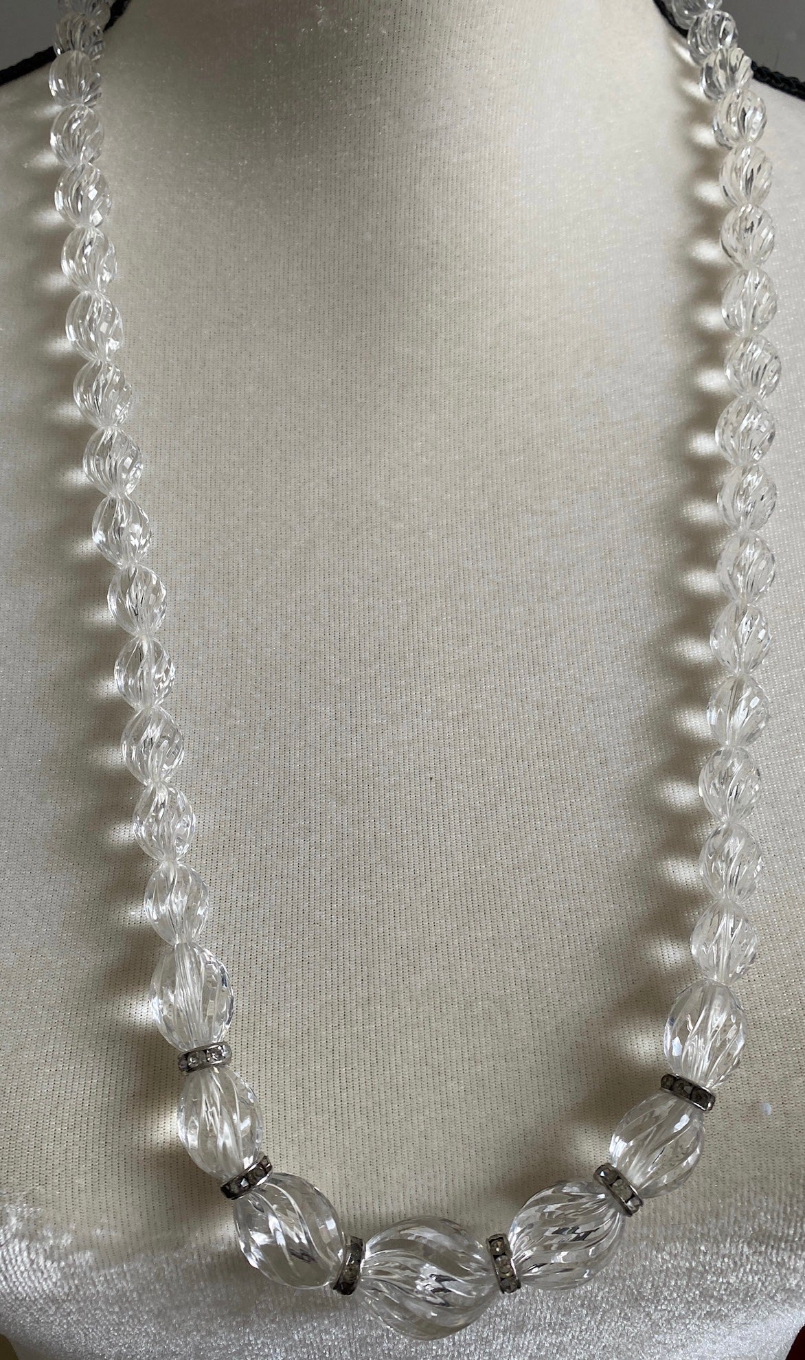 Vintage Clear Plastic Lucite Bead Necklace Silver Rhinestone Spacers