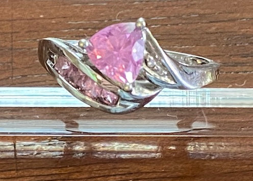 10k White Gold Trillion Cut Pink CZ Cocktail Ring Size 6.5 - Signed LGL