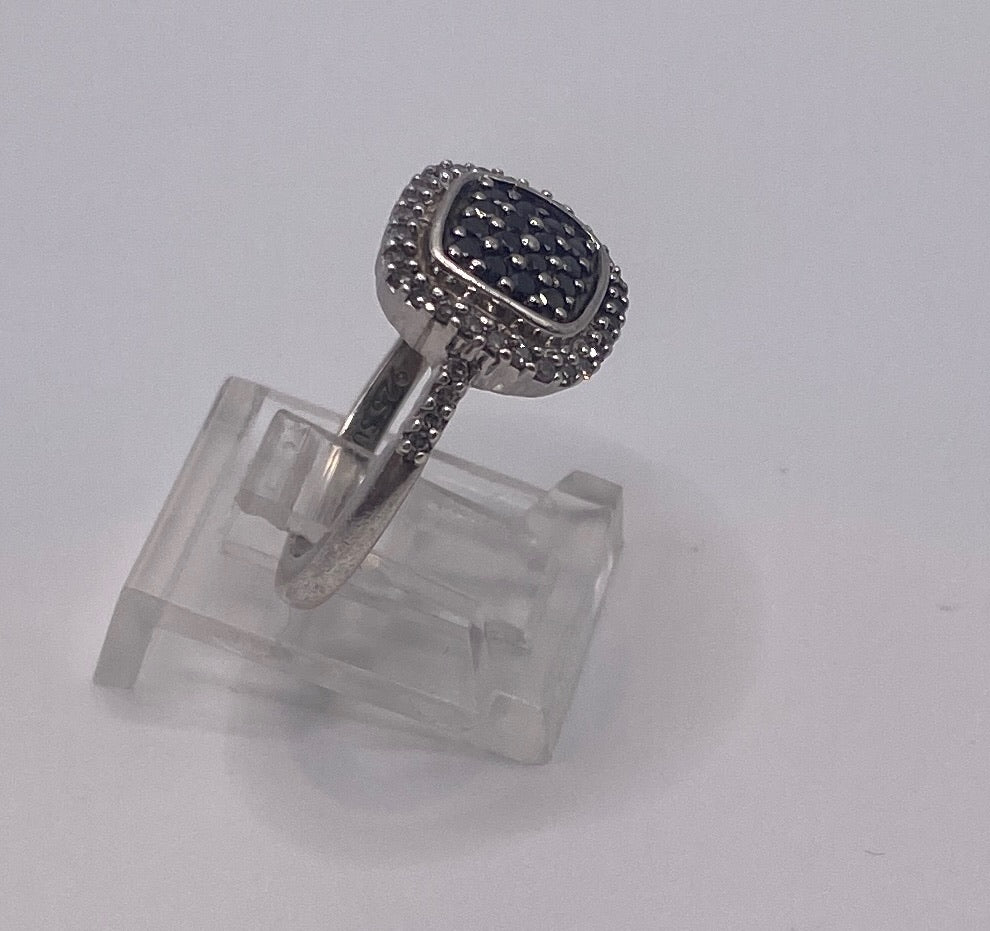 Sterling Silver 925 Black Diamond Pave Halo Ring Sz 6.5