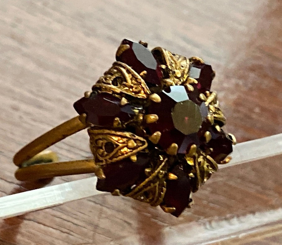 Vintage Made in Austria Cranberry Red Glass Brass Adjustable Ring