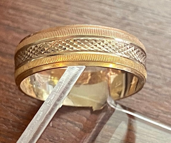 Vintage 14k Yellow White Gold Textured Wide Band Ring Sz 6.5