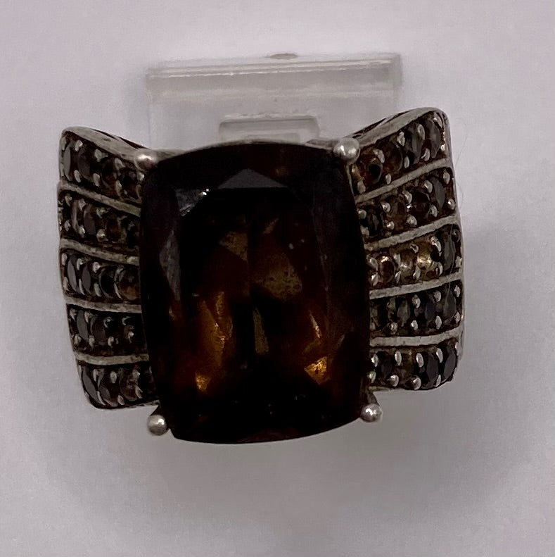 Sterling Silver 925 Amber Smokey Glass Rhinestone Ring Sz 7.5 Cocktail Style