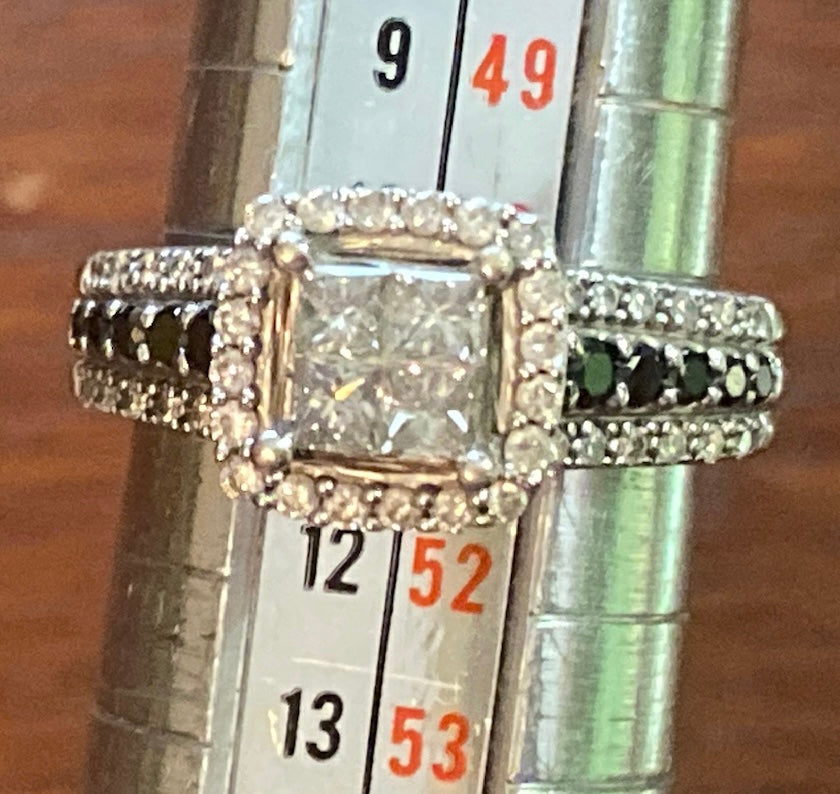 14k White Gold Princess Cut White Black Diamond Engagement Ring Sz 5.5