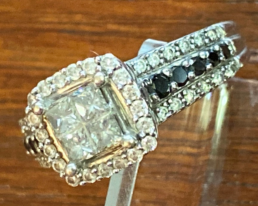 14k White Gold Princess Cut White Black Diamond Engagement Ring Sz 5.5