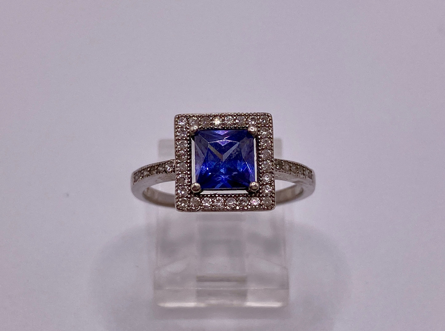 Sterling Silver 925 Princess Cut Tanzanite Square Halo Ring Sz 8