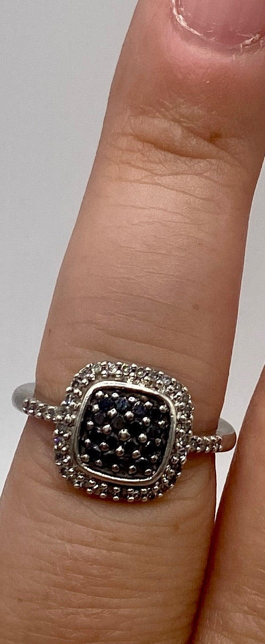 Sterling Silver 925 Black Diamond Pave Halo Ring Sz 6.5