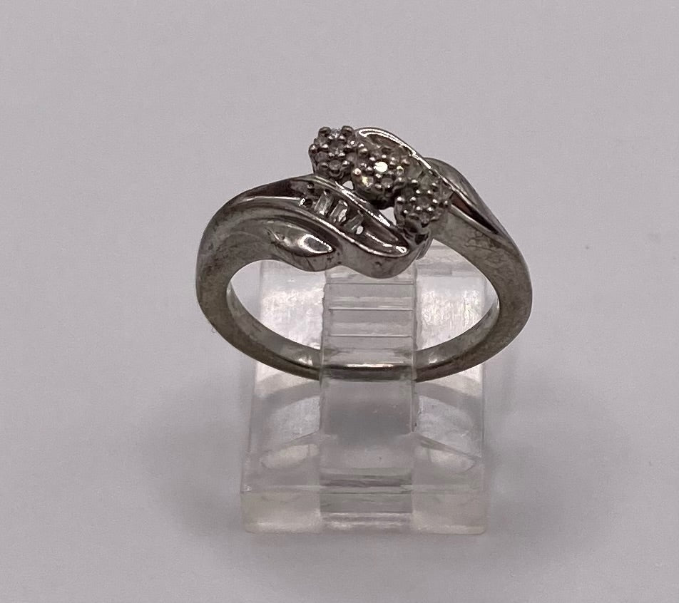Sterling Silver 925 Cluster Baguette Diamond Flower Ring Sz 7