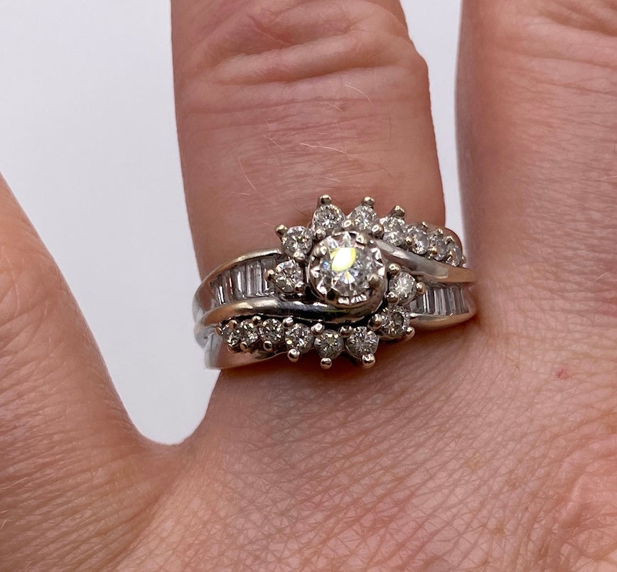 14k White Gold Round Baguette Diamond Cluster .75ctw - 1ctw Ring
