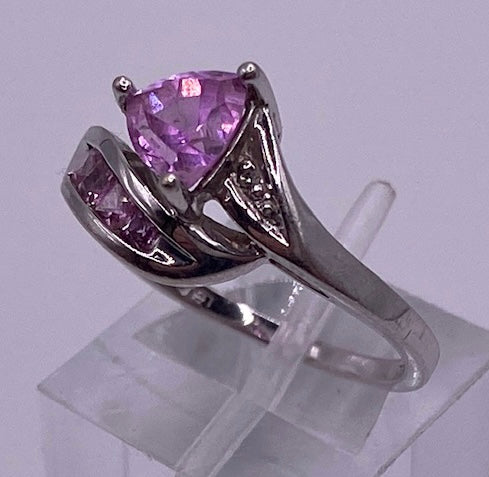 10k White Gold Trillion Cut Pink CZ Cocktail Ring Size 6.5 - Signed LGL