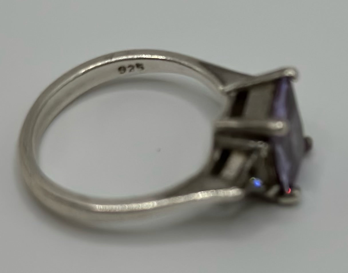 Sterling Silver 925 Emerald Trillion Cut CZ Faux Amethyst Ring Sz 6.5
