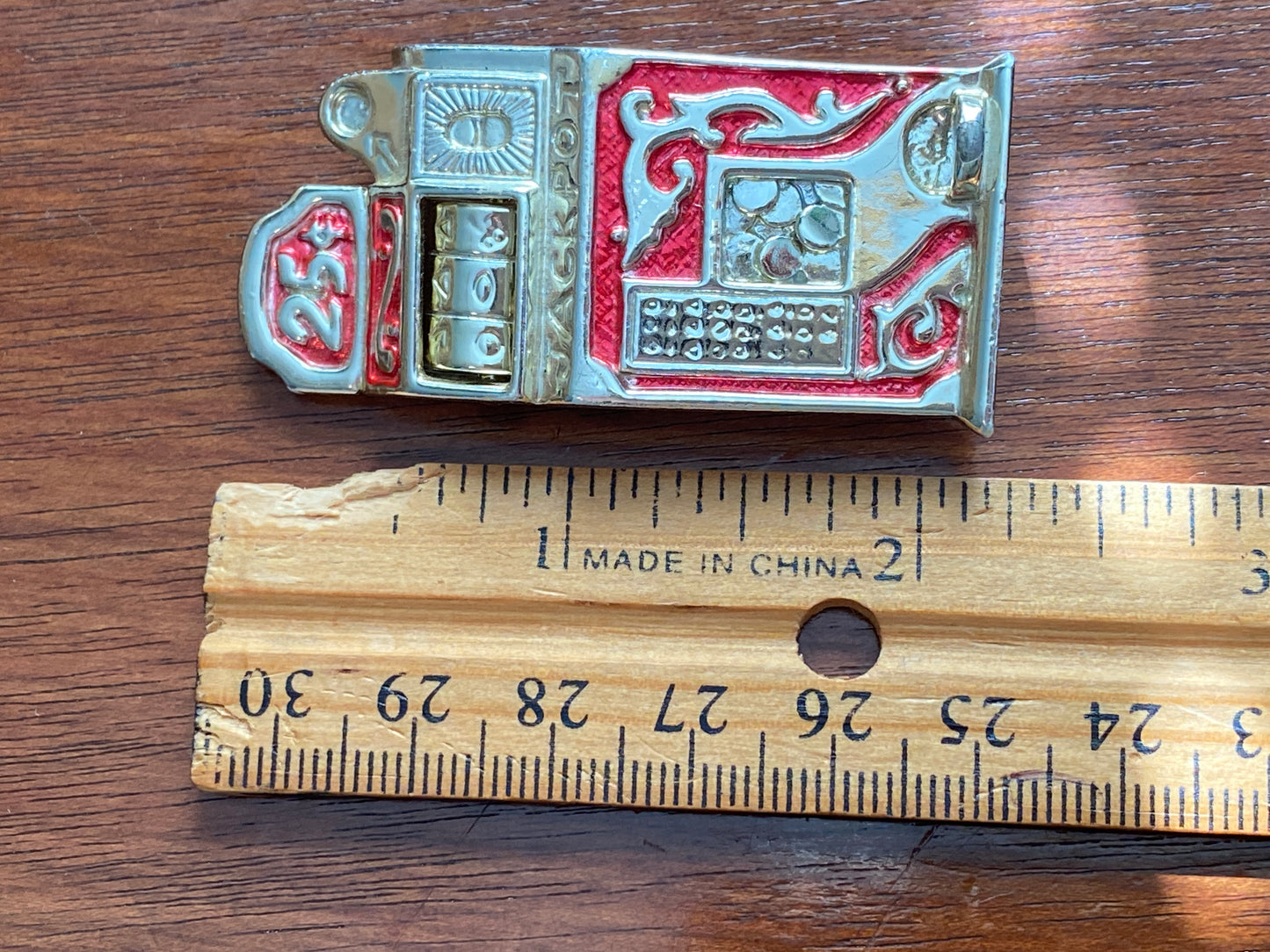 Vintage AJC Gold Tone Red Enamel Slot Machine Brooch Pin