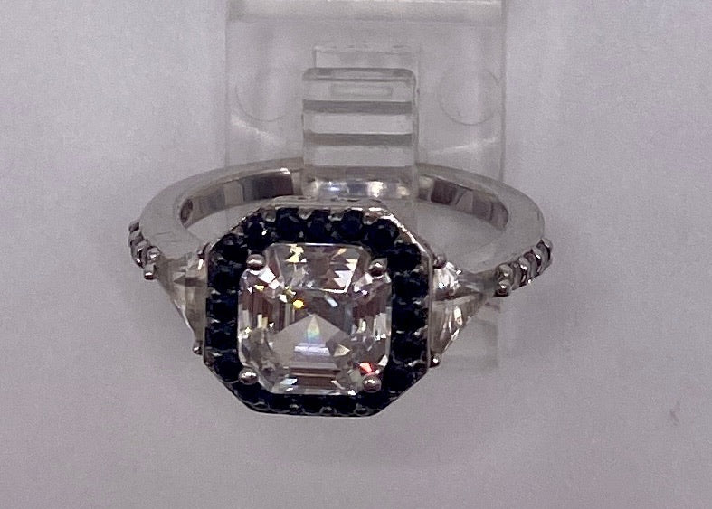 Platinum Clad Sterling Silver 925 Black Spinel CZ Asscher Trillion Cut Ring