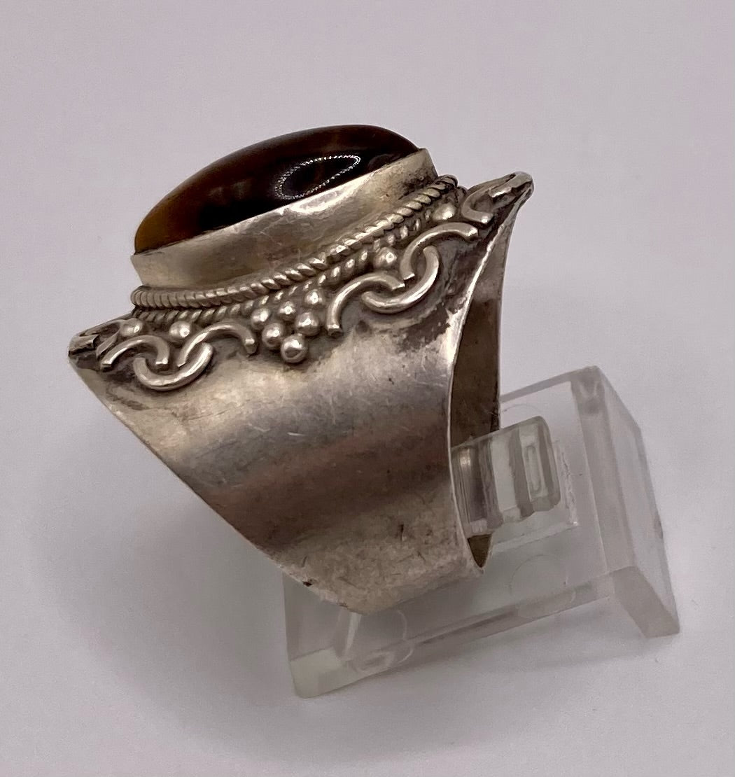 Sterling Silver 925 Tigers Eye Wide Band Ring Sz 8.75