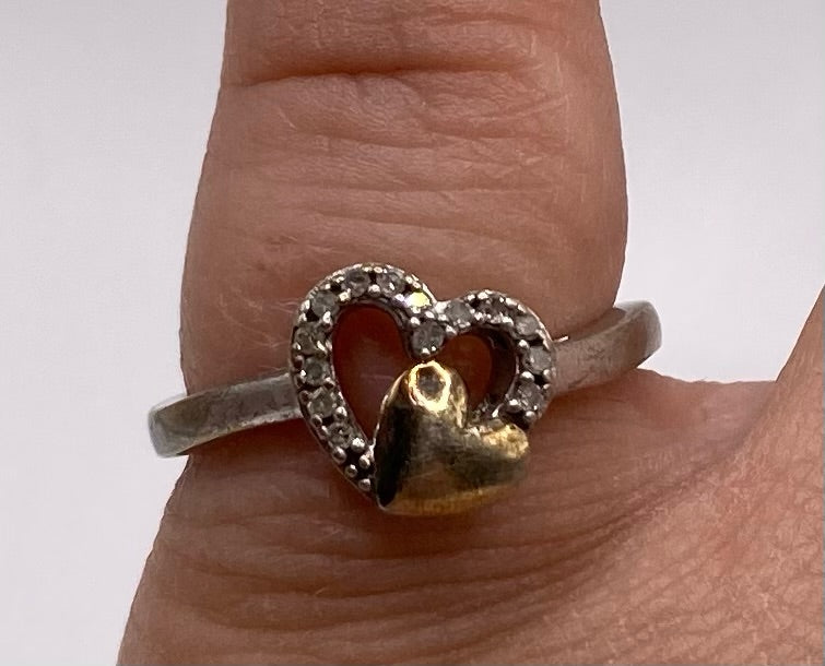 Sterling Silver 925 Gold Diamond Heart Ring Sz 6.5