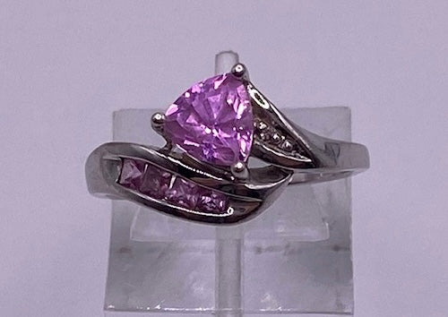 10k White Gold Trillion Cut Pink CZ Cocktail Ring Size 6.5 - Signed LGL