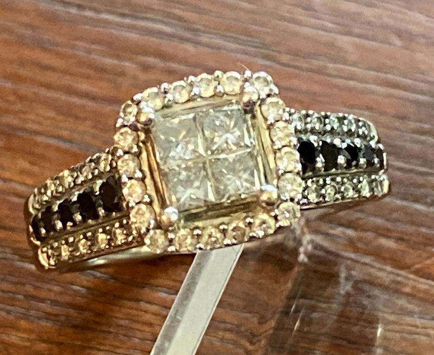 14k White Gold Princess Cut White Black Diamond Engagement Ring Sz 5.5