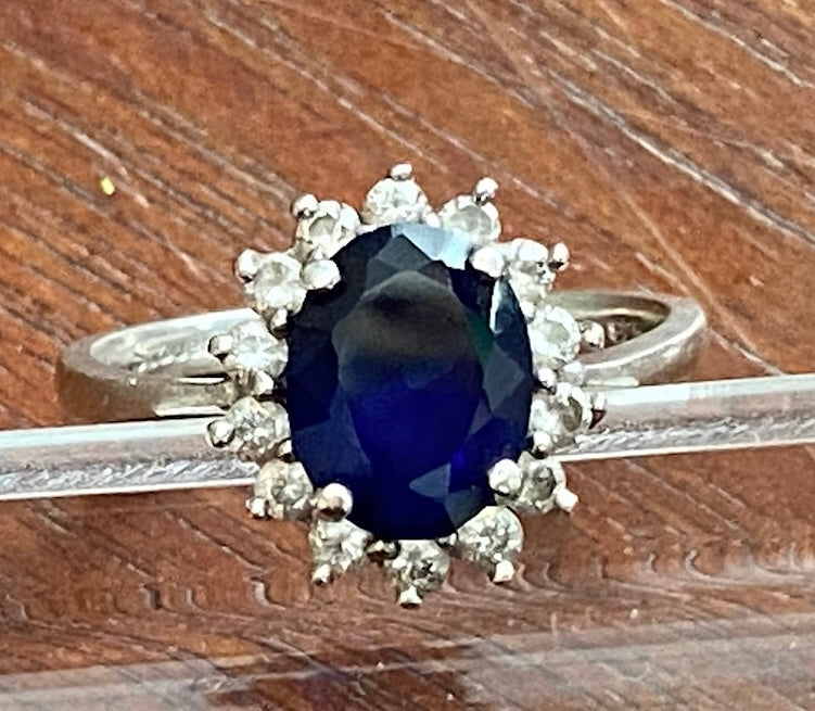 Stauer Signed Sterling Silver 925 Lab Created Blue Sapphire Halo Ring Sz 6.75