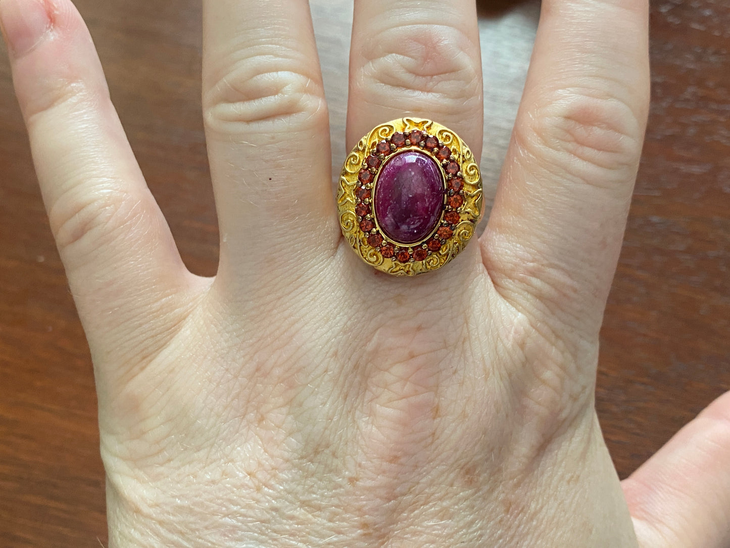 18k Gold Plate over Sterling Silver Garnet Cocktail Ring Sz 10