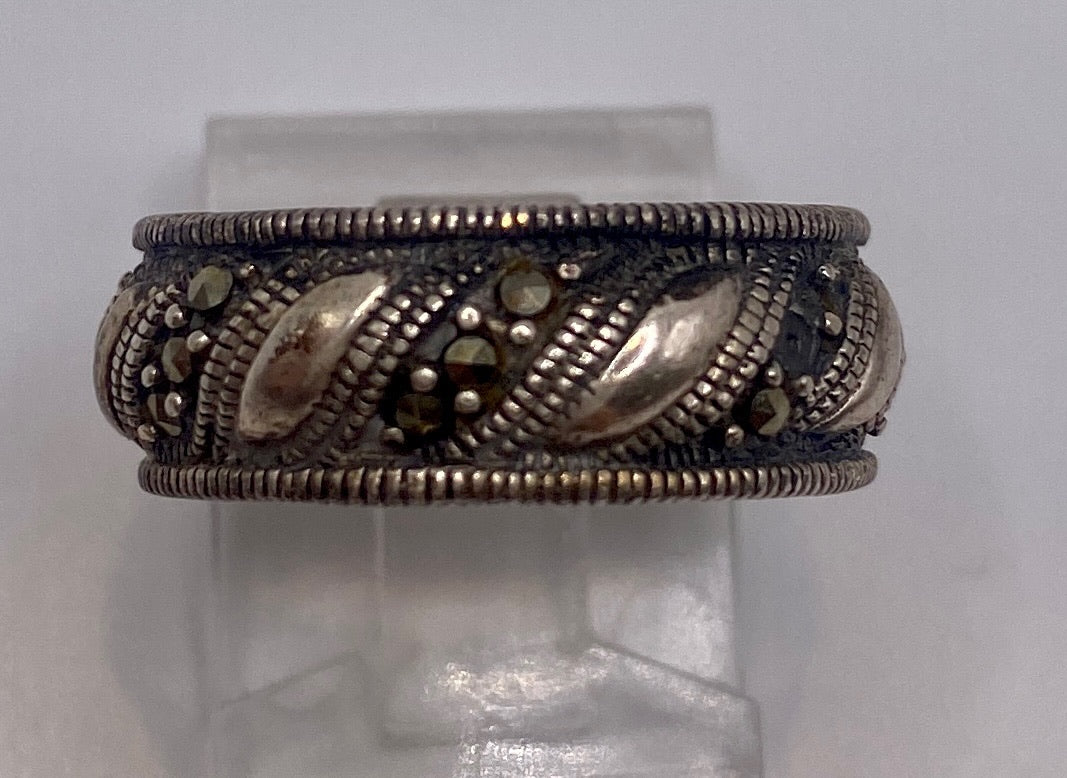 Sterling Silver 925 Marcasite Wide Bead Edge Band Ring Sz 6.5