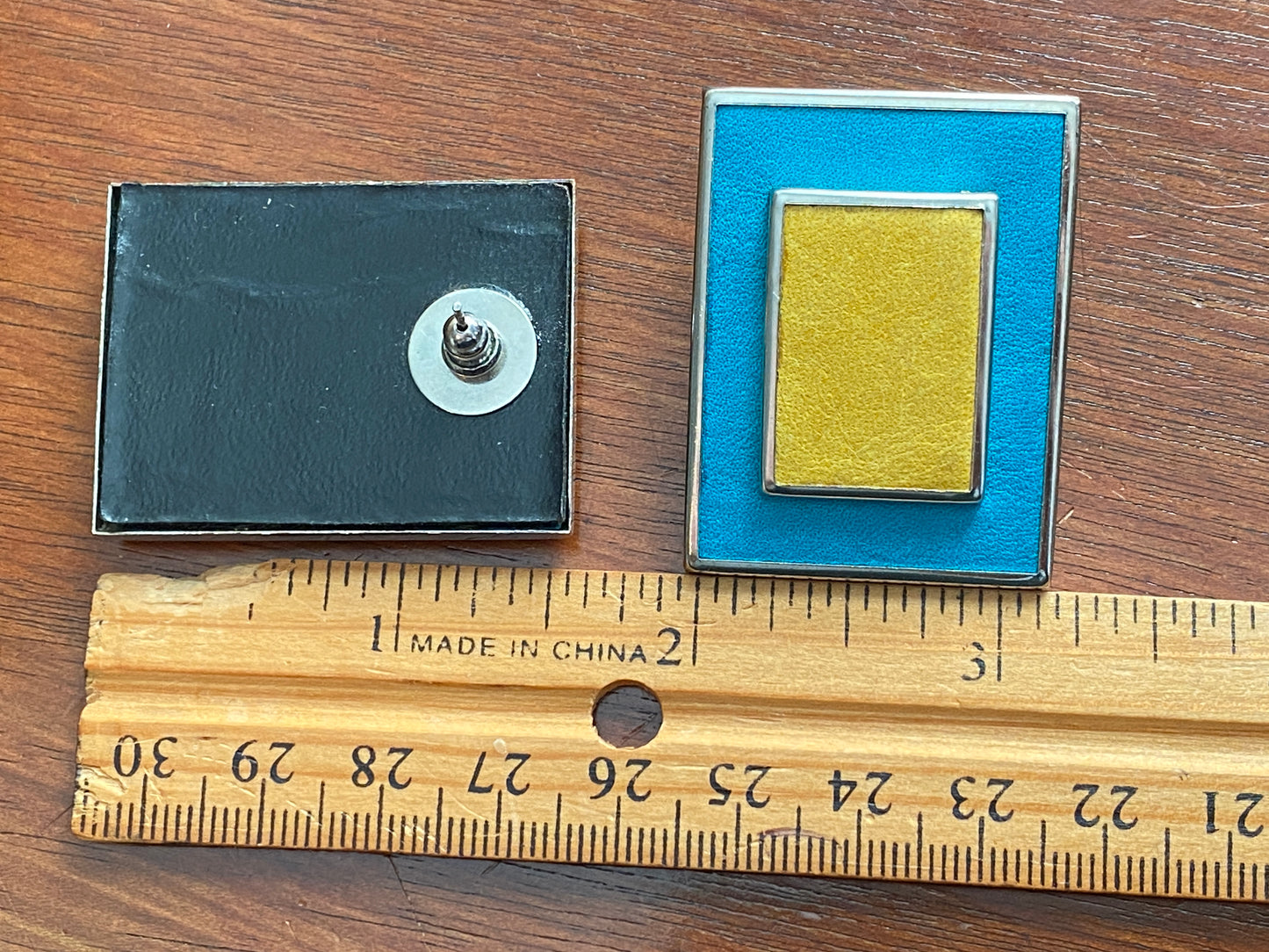 Vintage Large Graphic Suede Blue Yellow Silver Tone Statement Earrings