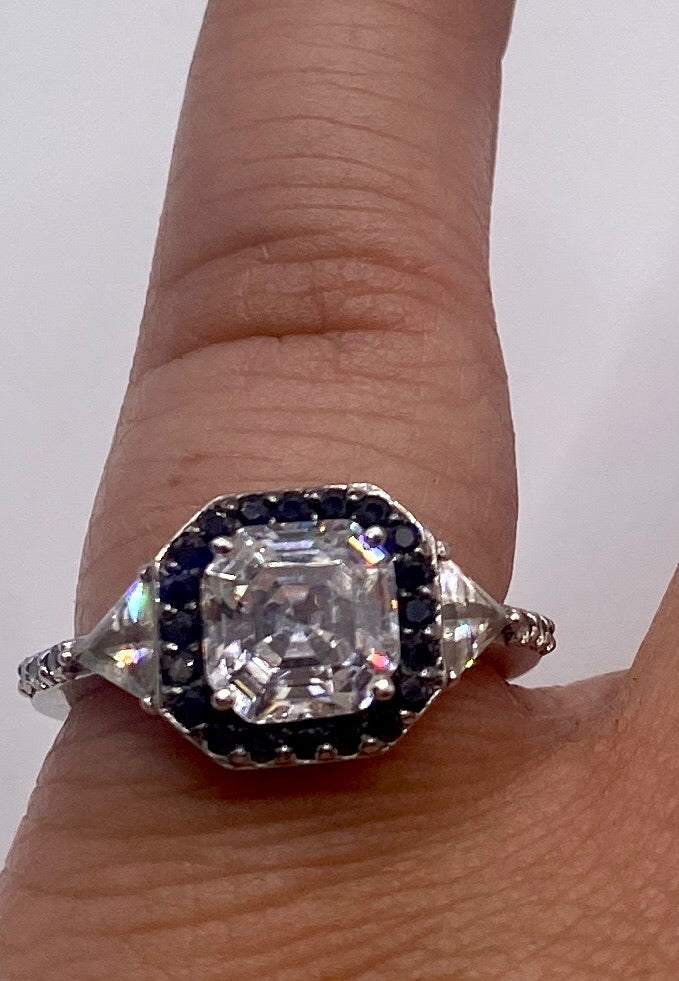 Platinum Clad Sterling Silver 925 Black Spinel CZ Asscher Trillion Cut Ring
