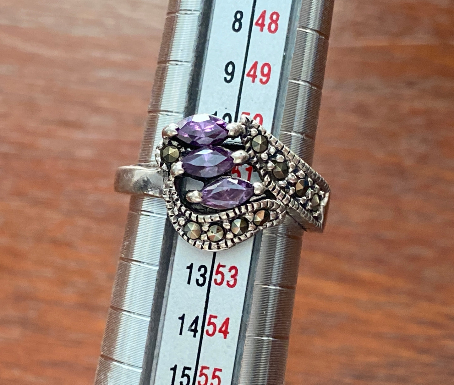 Sterling Silver 925 Marquise Amethyst Marcasite Ring Sz 6