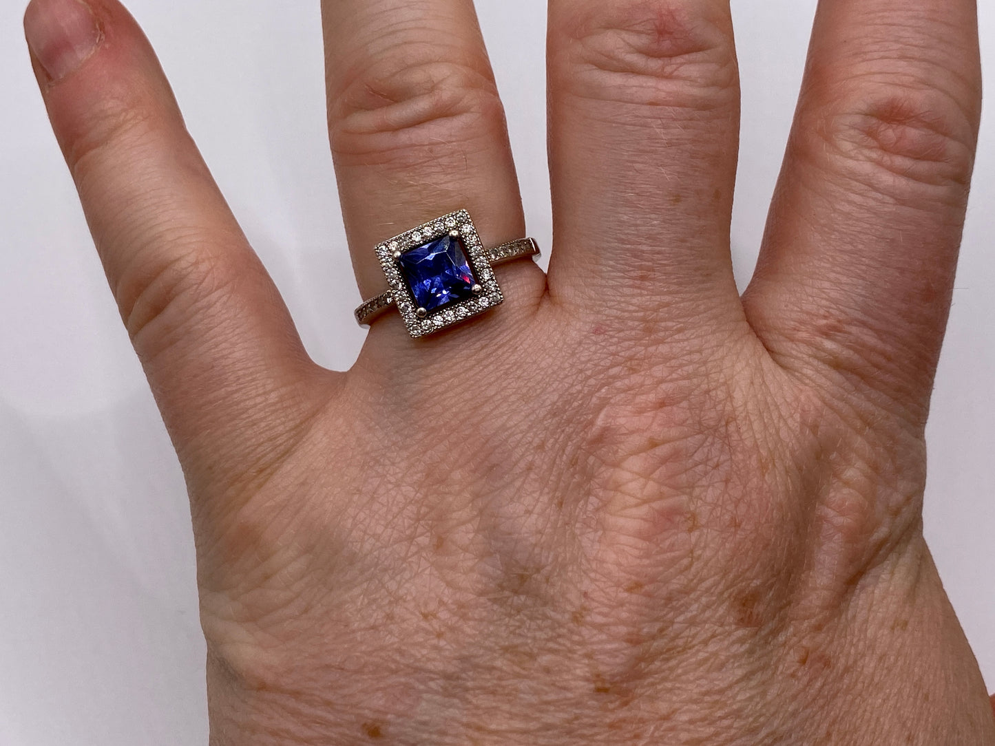 Sterling Silver 925 Princess Cut Tanzanite Square Halo Ring Sz 8
