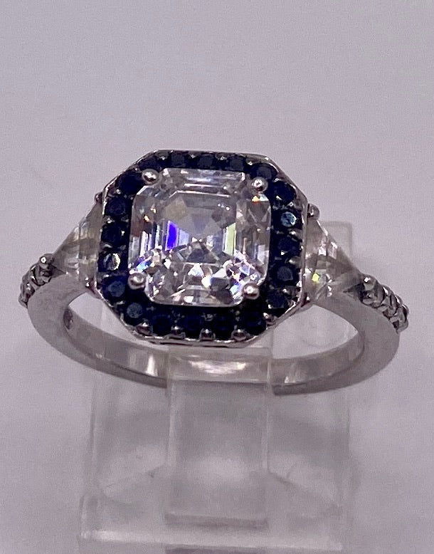 Platinum Clad Sterling Silver 925 Black Spinel CZ Asscher Trillion Cut Ring