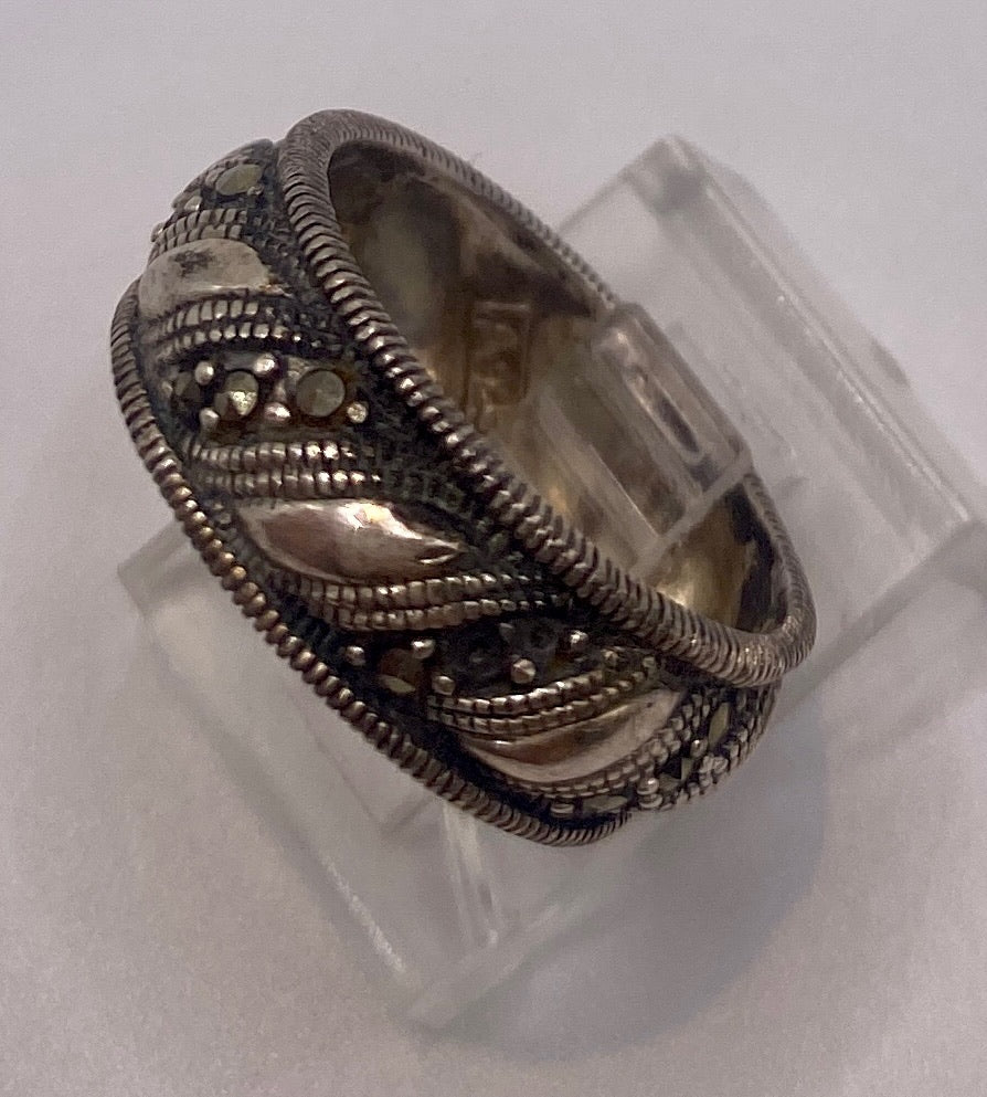 Sterling Silver 925 Marcasite Wide Bead Edge Band Ring Sz 6.5
