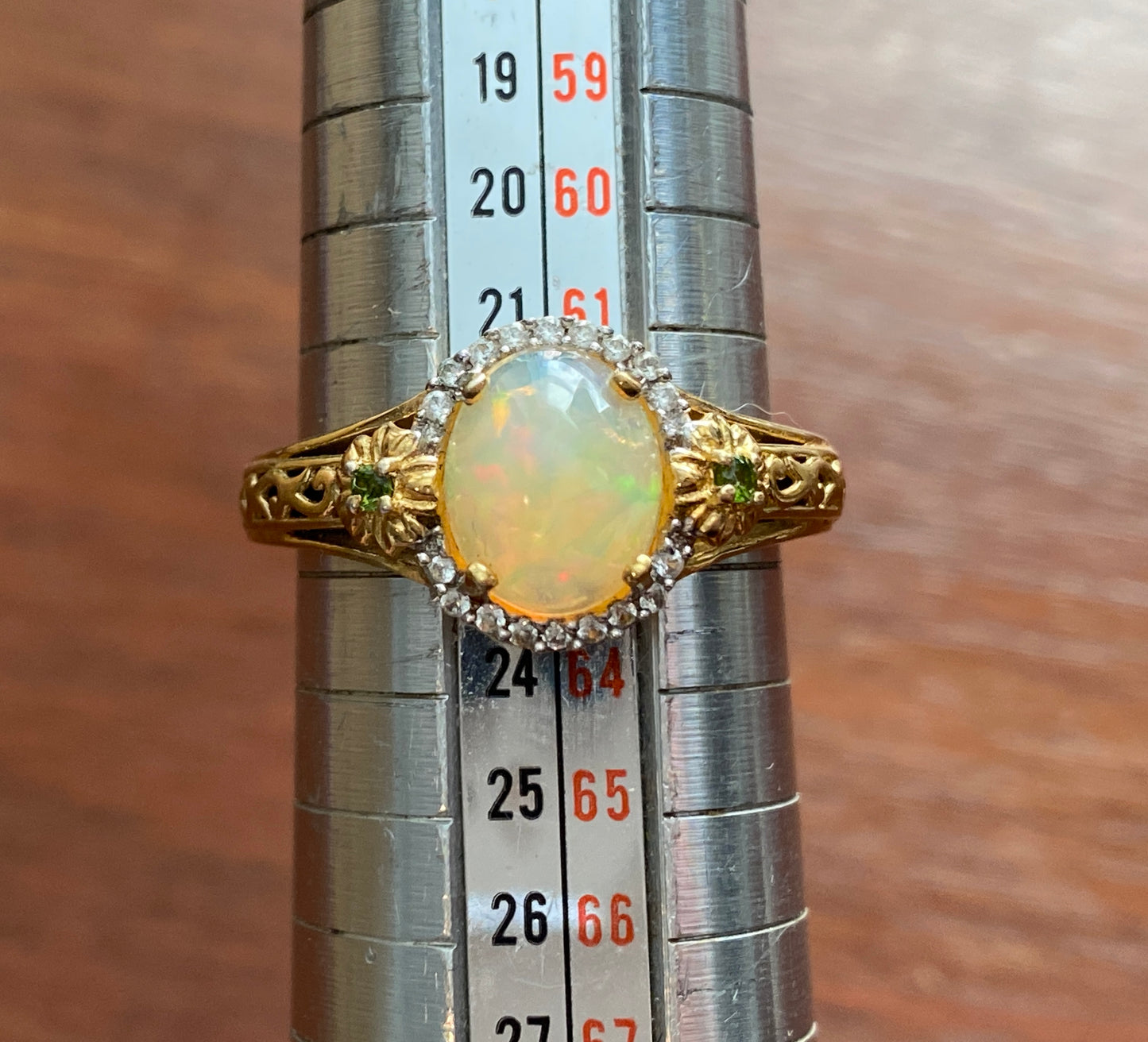 Gold Vermeil over Sterling Silver 925 Faux Opal Halo Flower Ring Sz 10