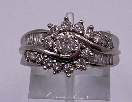 14k White Gold Round Baguette Diamond Cluster .75ctw - 1ctw Ring