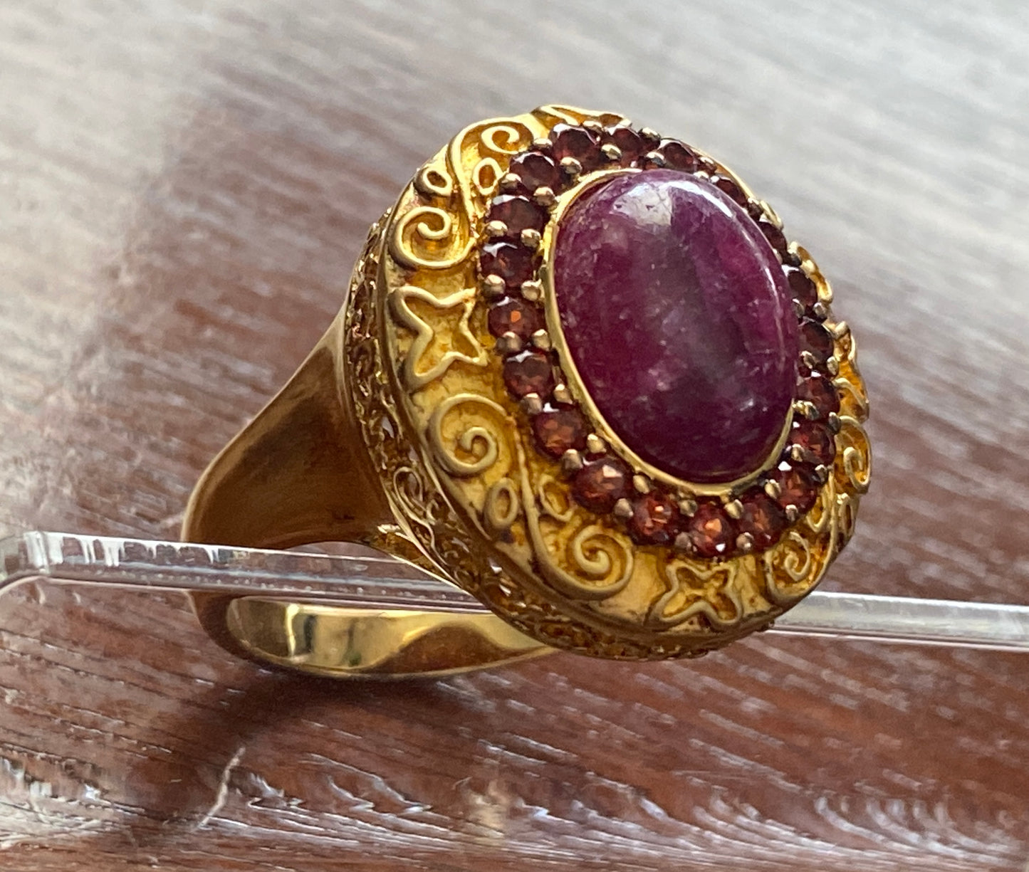 18k Gold Plate over Sterling Silver Garnet Cocktail Ring Sz 10