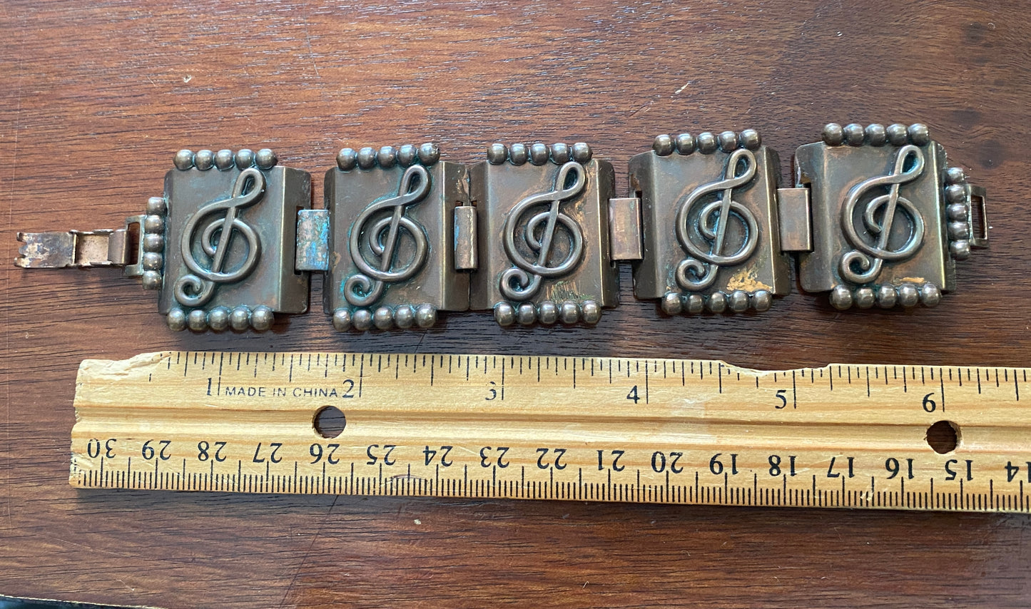 Vintage Copper Wide Panel Music Bracelet Unsigned Renoir Treble Clef