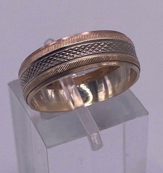 Vintage 14k Yellow White Gold Textured Wide Band Ring Sz 6.5