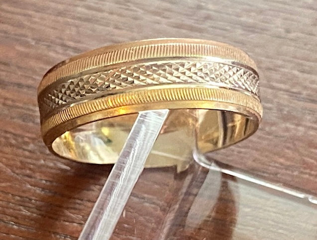 Vintage 14k Yellow White Gold Textured Wide Band Ring Sz 6.5