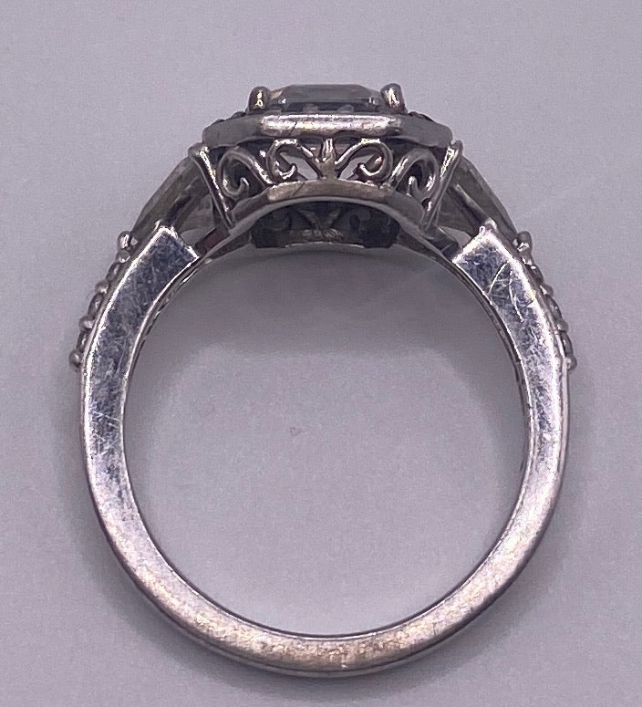 Platinum Clad Sterling Silver 925 Black Spinel CZ Asscher Trillion Cut Ring
