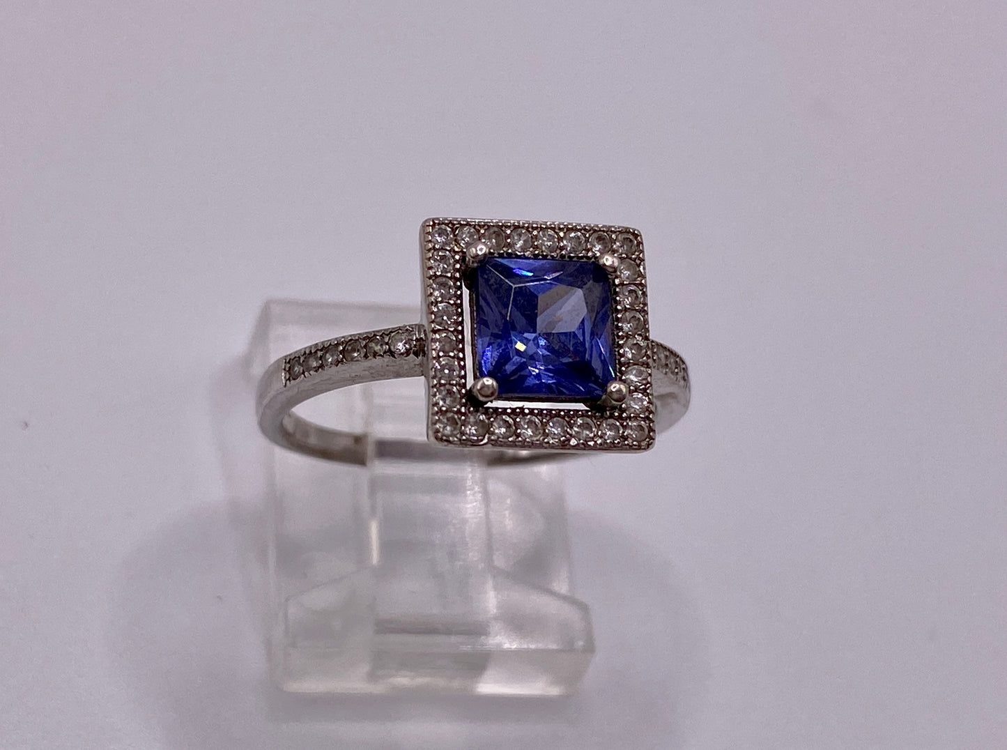 Sterling Silver 925 Princess Cut Tanzanite Square Halo Ring Sz 8