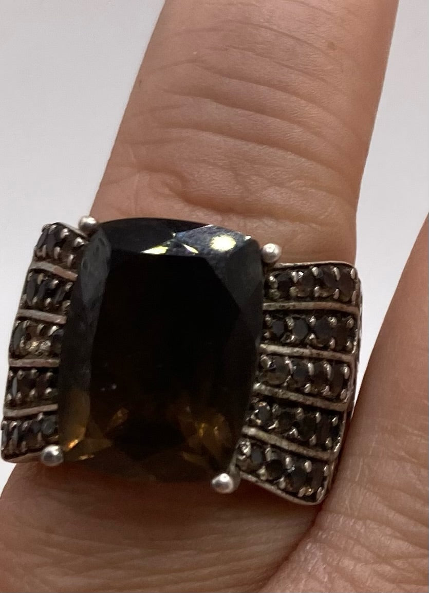 Sterling Silver 925 Amber Smokey Glass Rhinestone Ring Sz 7.5 Cocktail Style