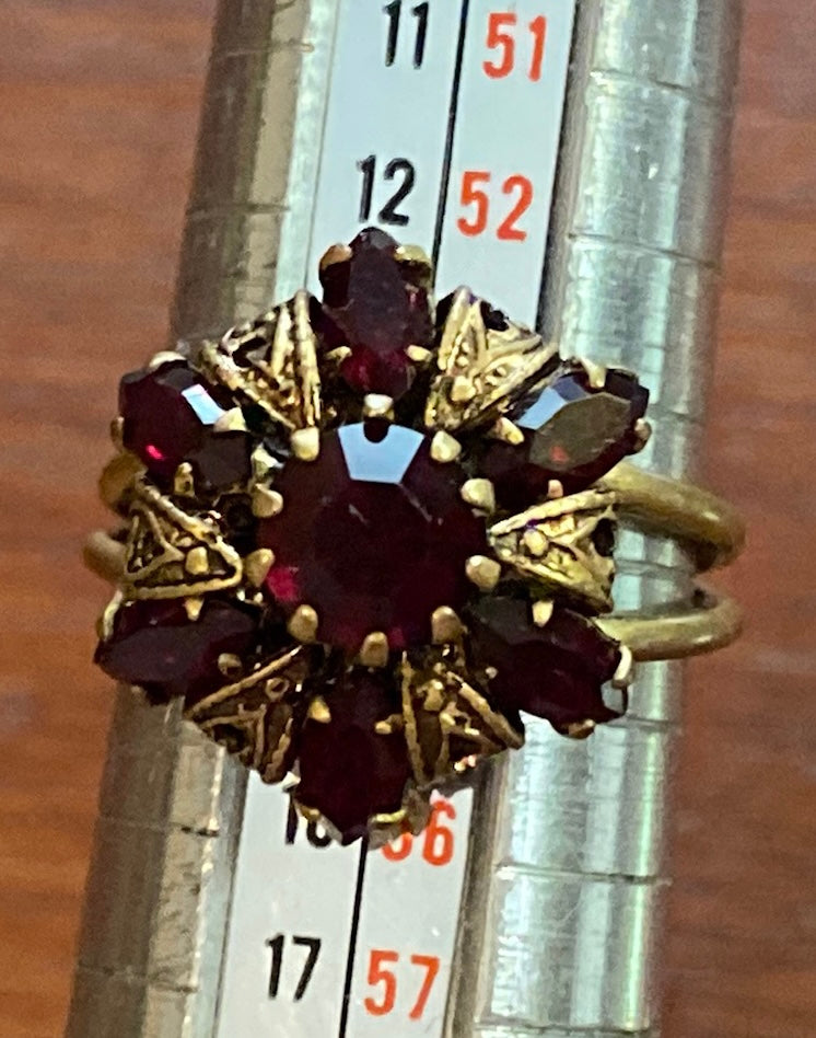 Vintage Made in Austria Cranberry Red Glass Brass Adjustable Ring