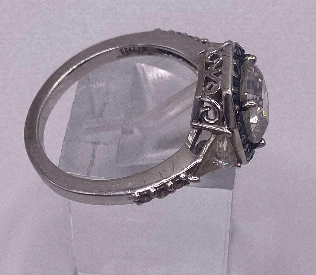 Platinum Clad Sterling Silver 925 Black Spinel CZ Asscher Trillion Cut Ring