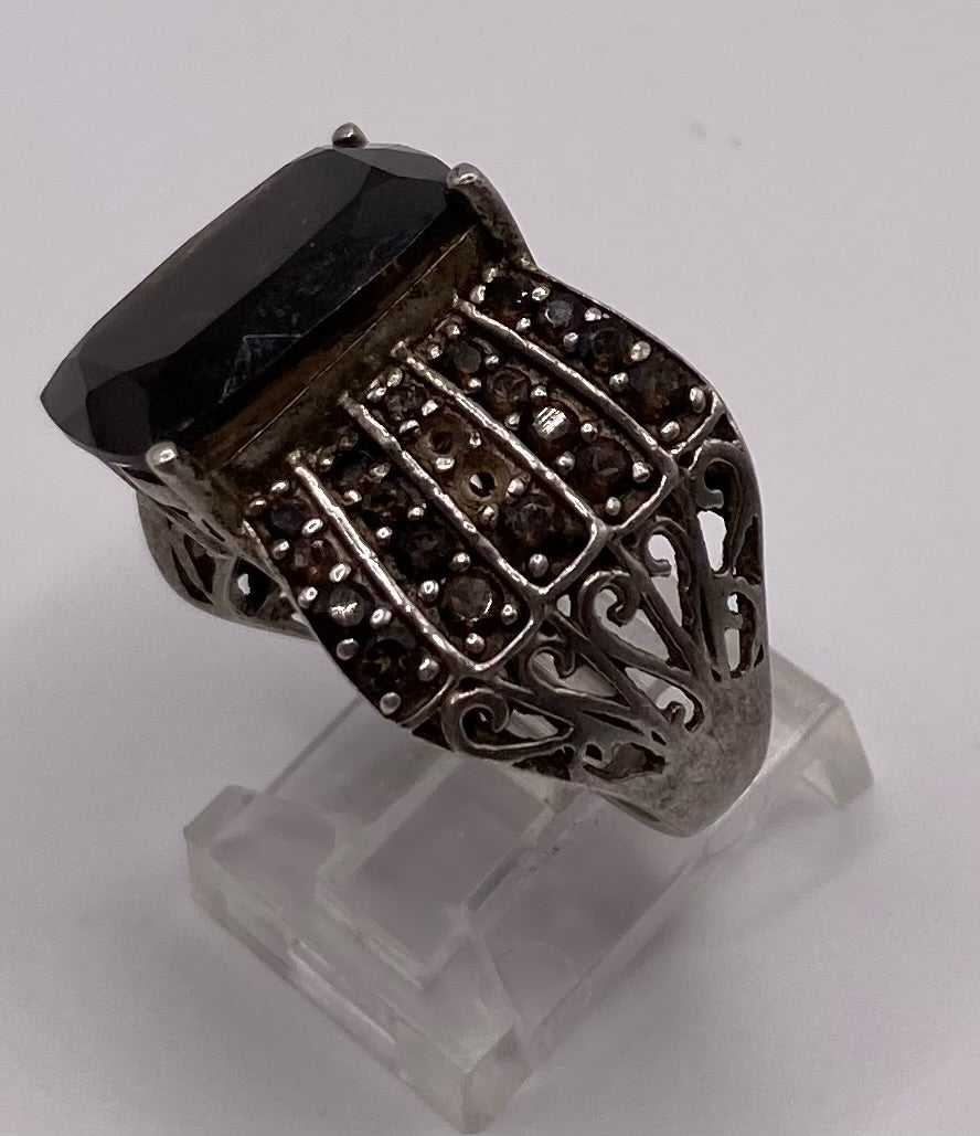 Sterling Silver 925 Amber Smokey Glass Rhinestone Ring Sz 7.5 Cocktail Style