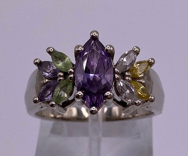 10k White Gold Marquise Semi Precious Stone Ring Sz 6.5 Signed AC