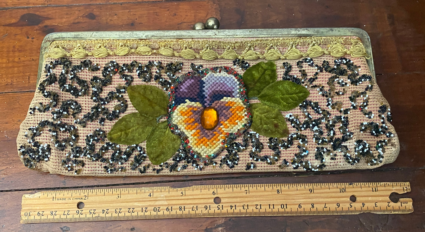 Vintage Jolles Tapestry Embroidered Pansy Flower Clutch Purse
