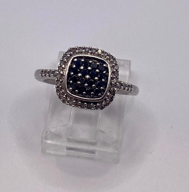 Sterling Silver 925 Black Diamond Pave Halo Ring Sz 6.5