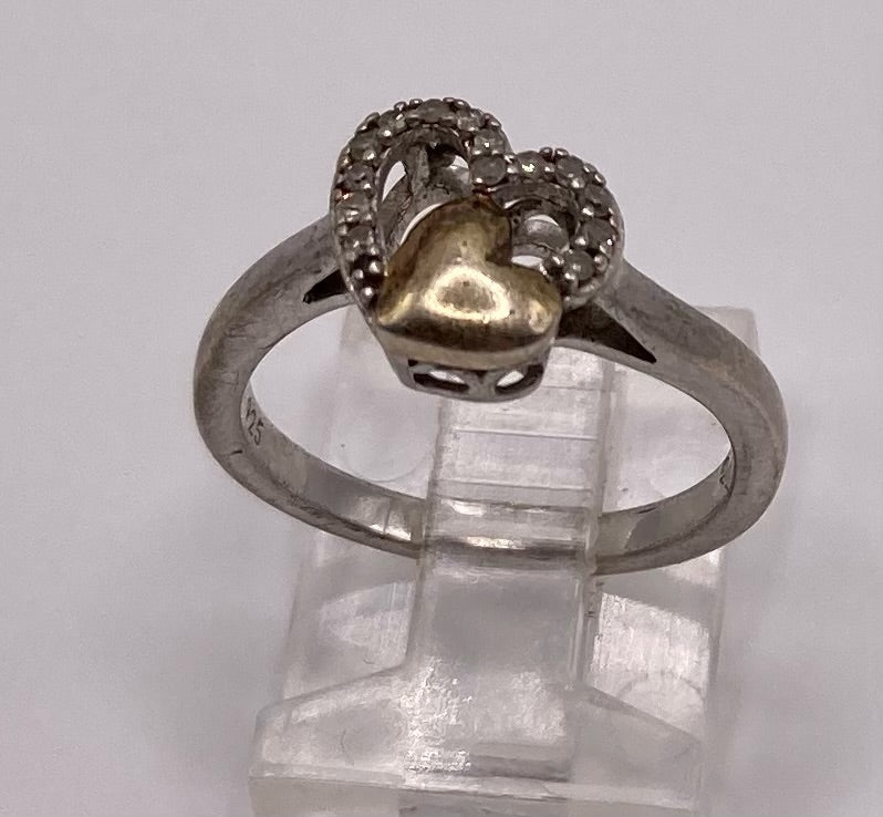 Sterling Silver 925 Gold Diamond Heart Ring Sz 6.5